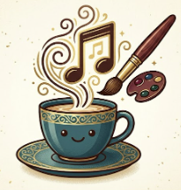 Illustration of a smiling teal coffee cup on a matching saucer with steam rising in the shape of a musical note. A paintbrush and artist's palette float nearby, symbolizing creativity and artistic inspiration.