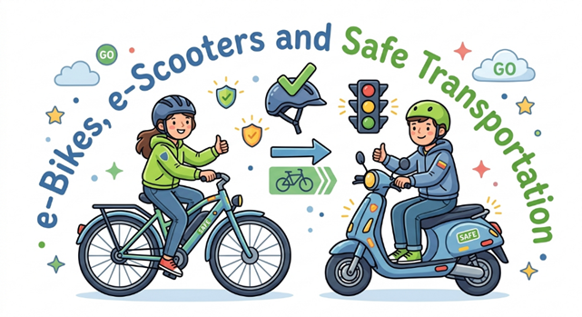 Illustration showing a person riding an e-bike and another on an e-scooter, both wearing helmets and giving thumbs up, promoting safe transportation. 