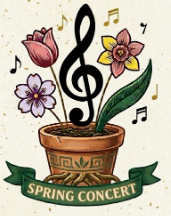 Illustration of a flowerpot with three colorful flowers and a large black treble clef symbol growing from soil, surrounded by musical notes. A green ribbon at the base displays "SPRING CONCERT," indicating a music-themed spring event.