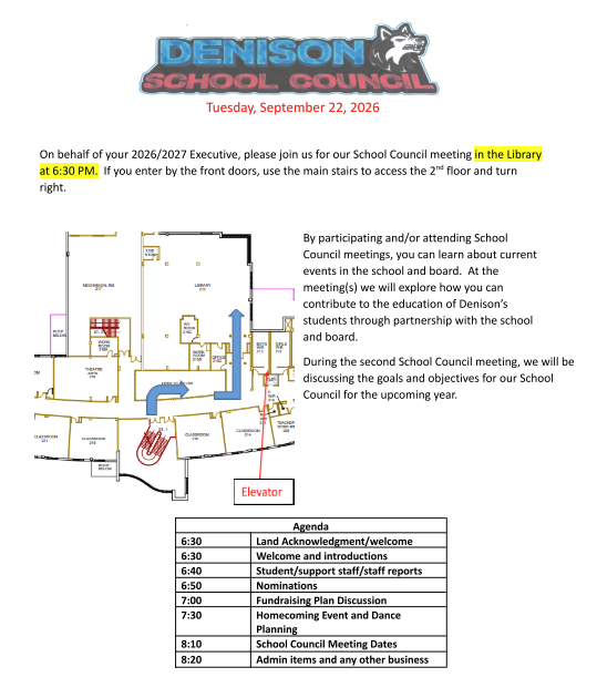 Denison School Council Invite for Septermber 22, 2026 at 6:30 p.m. in the Library