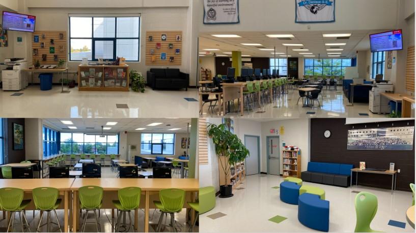 Four panels, each showing a section of the library. One shows boards featuring boks, another shows desks with chairs at them and a TV screen in the corner. Bottom right shows curved blue and green seating. Bottom left shows a row of high tables with high green chairs tucked in