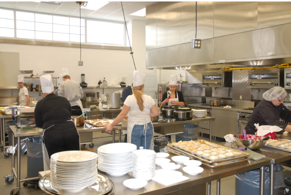 students cooking in large kitchen