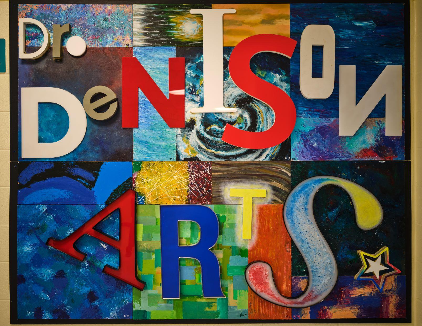 multiple paintings in the background in bright colours. Text overlay reads Dr. Denison Arts in colourful letters of different sizes and fonts